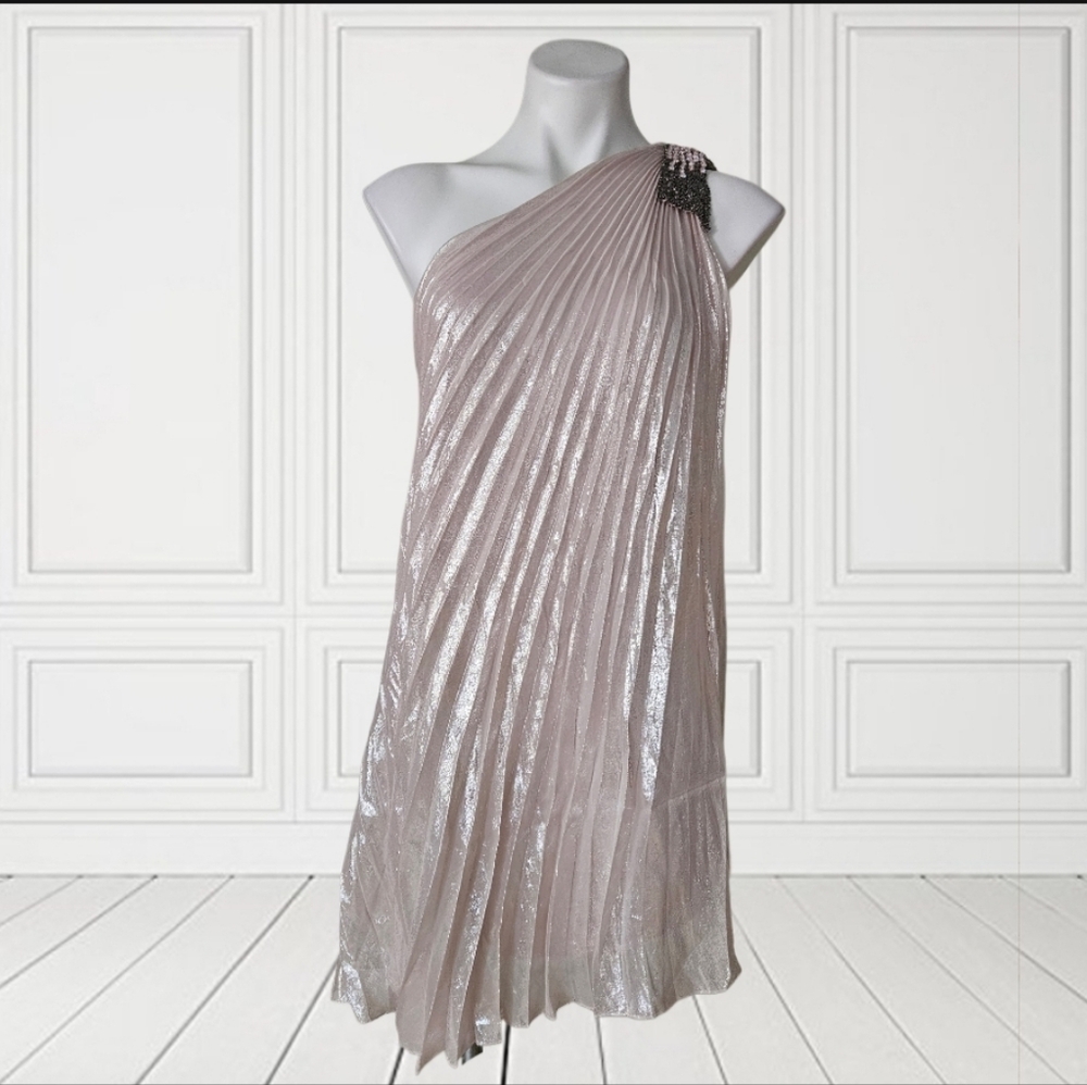 Alfabeta Elegant Silk One-Shoulder Pleated Dress Sz 2